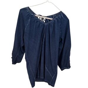 INC International Concepts Blue Cotton Crochet Lace Sleeve Tie Back Blouse S